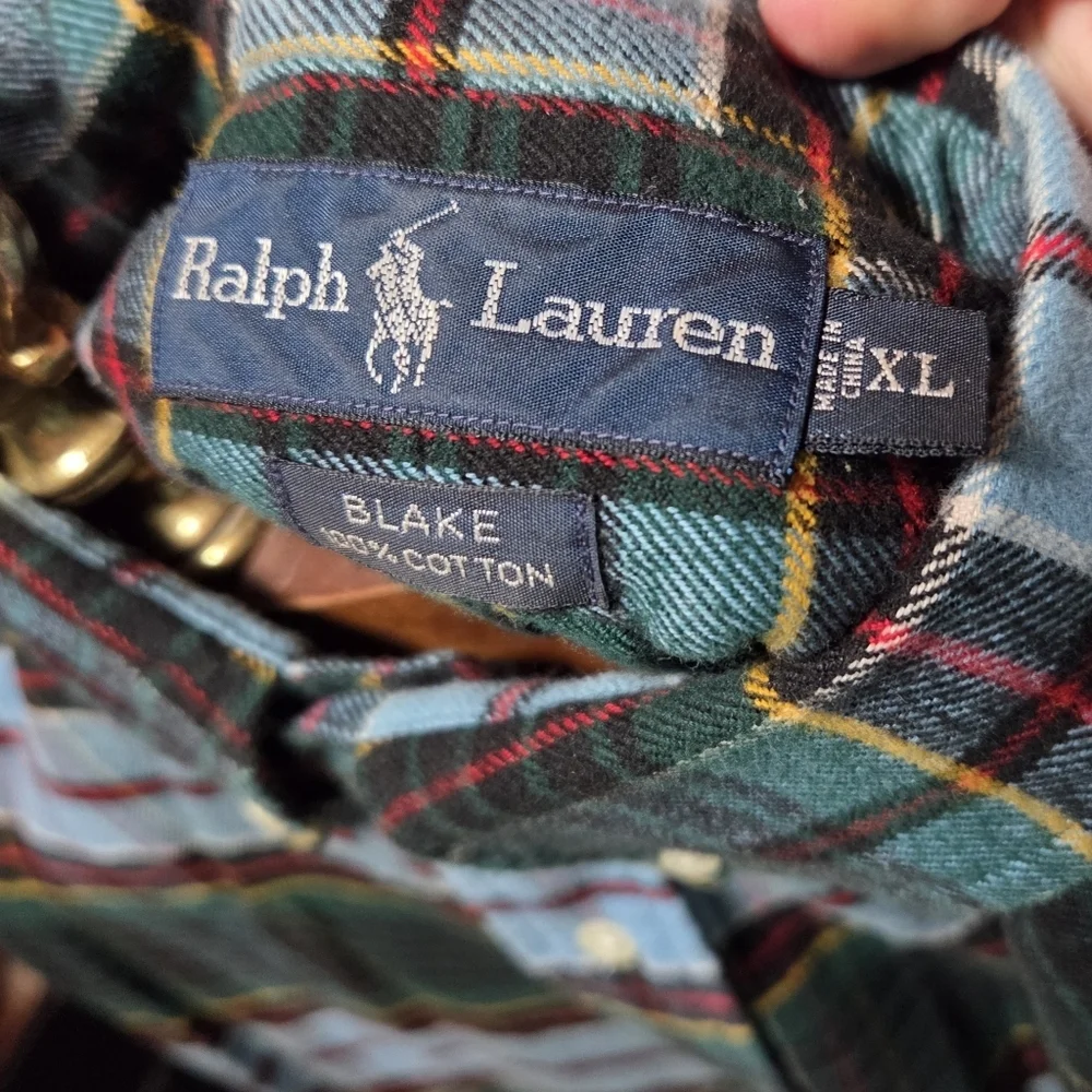 Polo Ralph Lauren Blake Plaid Flannel Cotton Button Blue Green Shirt Size XL